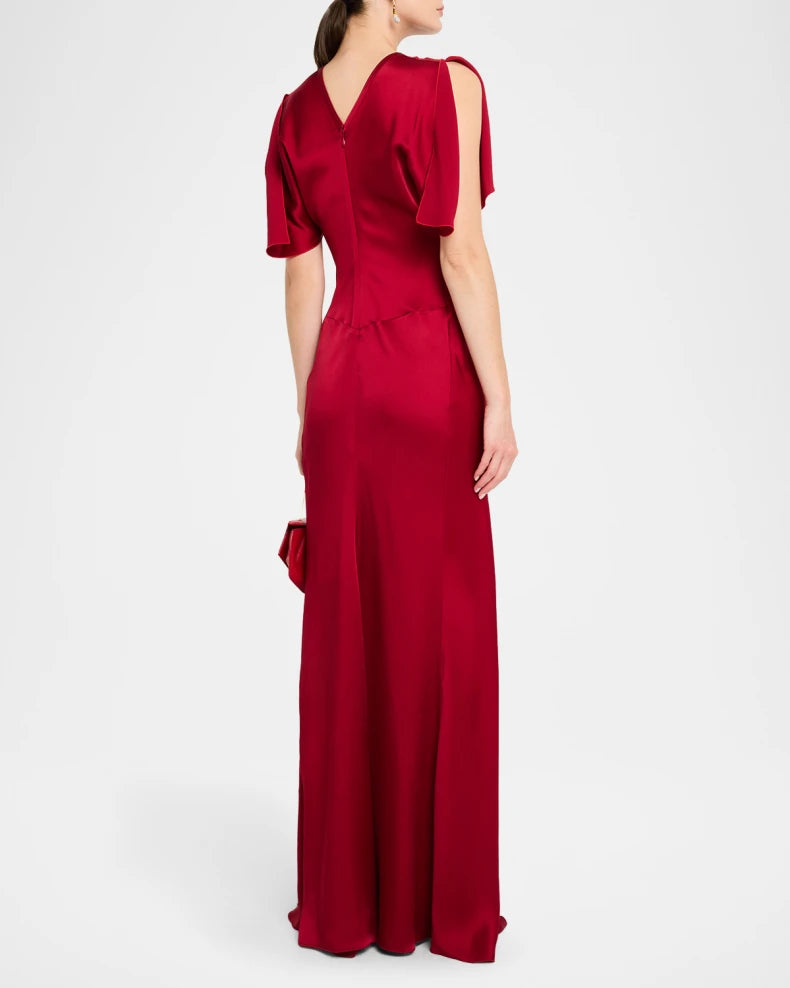 Glamorous Regal Ruby Red Satin Column Silhouette Round Neck Short Flutter Sleeves Ruched Waist Floor-Length Evening Dress