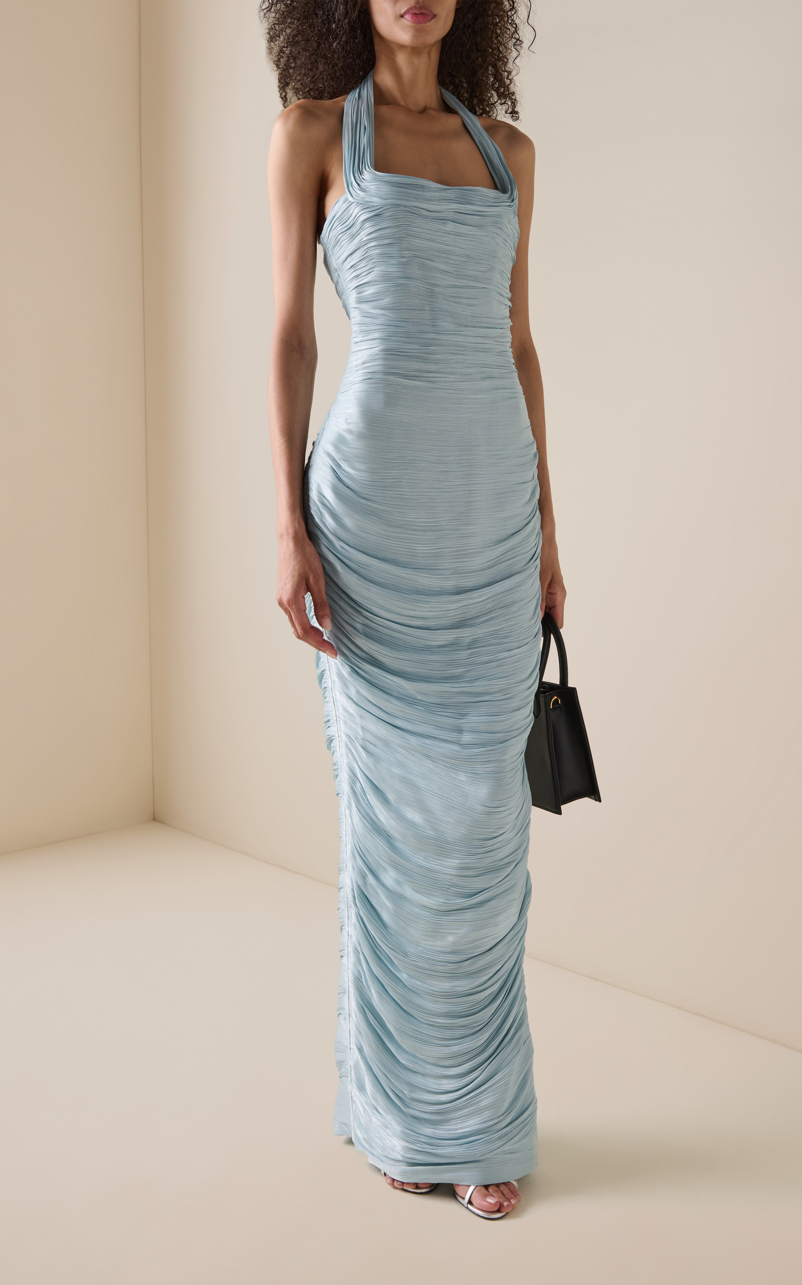 Glamorous Ruched Satin Sheath Halter Neck Sleeveless Backless Maxi Evening Gown