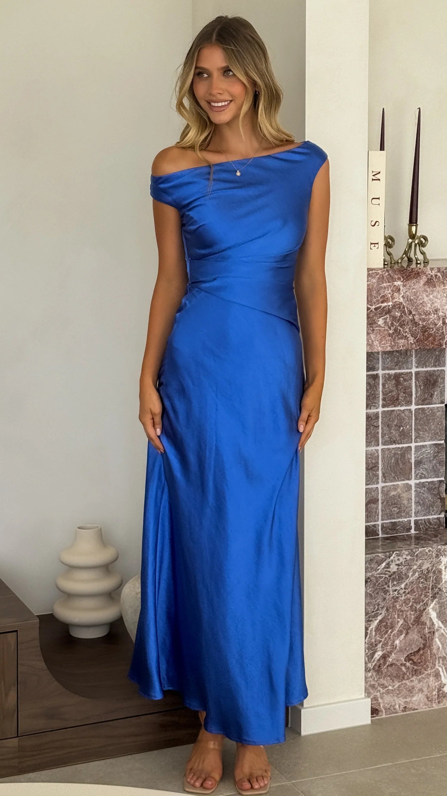 Glamorous Satin A-Line Asymmetrical One-Shoulder Ruched Waist Sleeveless Zipper Back Floor-Length Maxi Formal Evening Dresses