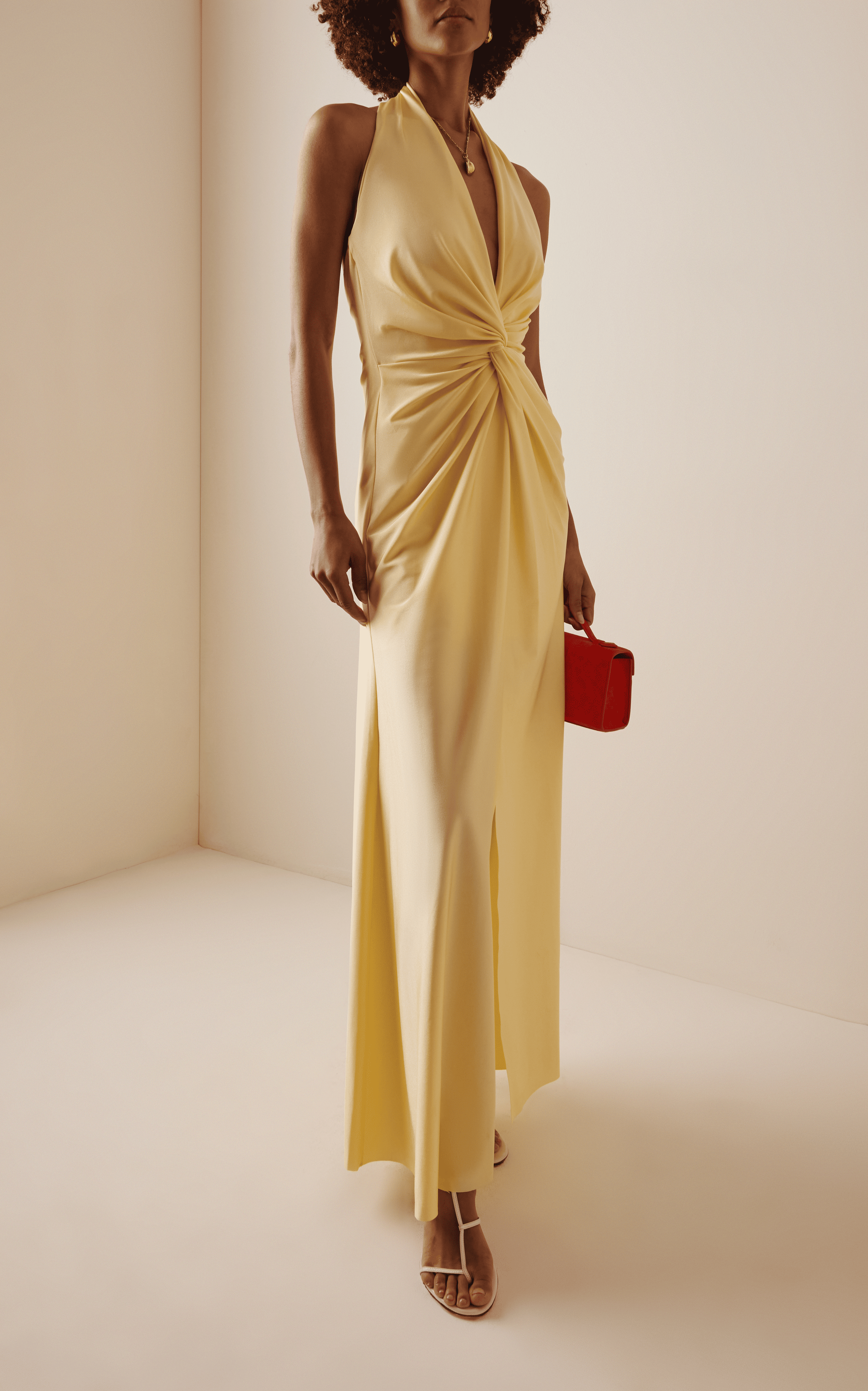 Glamorous Satin A-Line Halter Neck Sleeveless Open Back Maxi Evening Dress