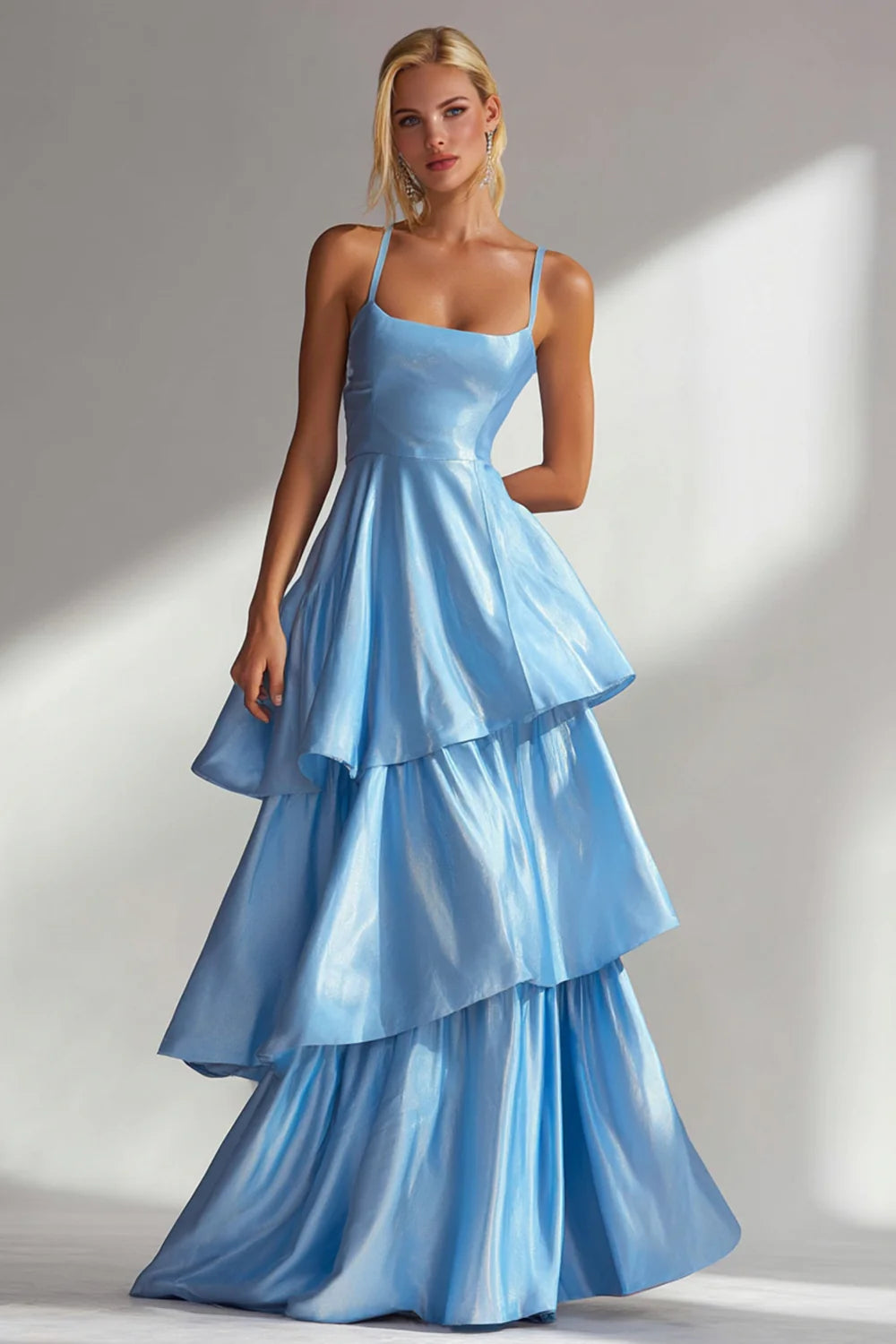 Glamorous Satin A-Line Square Neck Spaghetti Strap Zipper Back Floor-Length Evening Dress