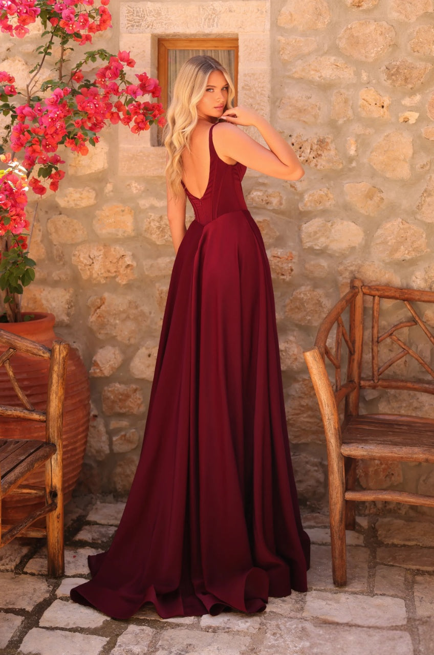 Glamorous Satin A-Line V-Neck Spaghetti Strap Low V-Back Floor-Length High Slit Evening Dresses