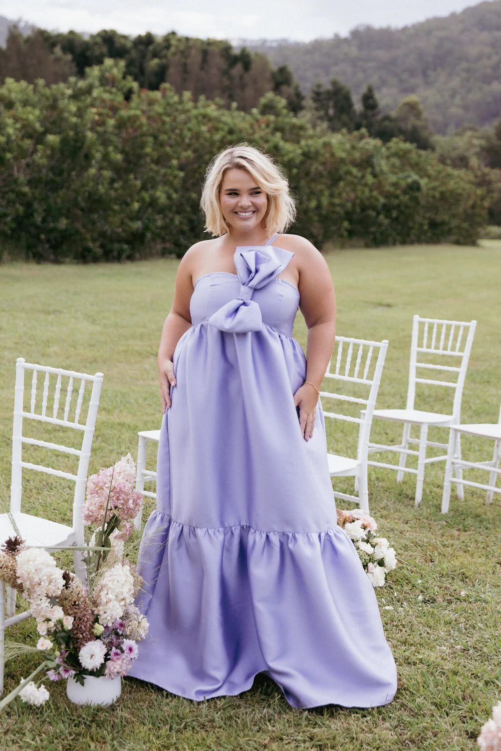 Glamorous Satin A Line One Shoulder Bow Detail Sleeveless Solid Back Ruffled Hem Maxi Evening Dress