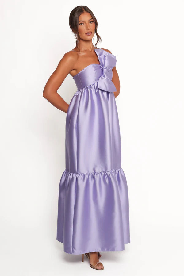 Glamorous Satin A Line One Shoulder Bow Detail Sleeveless Solid Back Ruffled Hem Maxi Evening Dress