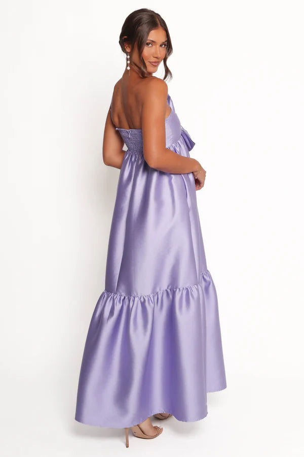 Glamorous Satin A Line One Shoulder Bow Detail Sleeveless Solid Back Ruffled Hem Maxi Evening Dress