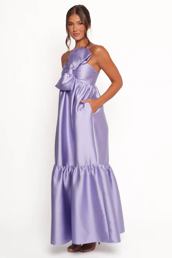 Glamorous Satin A Line One Shoulder Bow Detail Sleeveless Solid Back Ruffled Hem Maxi Evening Dress