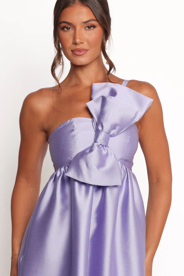 Glamorous Satin A Line One Shoulder Bow Detail Sleeveless Solid Back Ruffled Hem Maxi Evening Dress