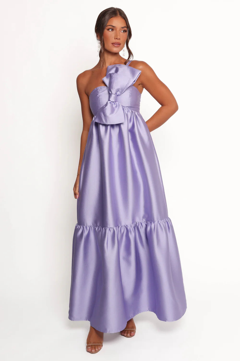 Glamorous Satin A Line One Shoulder Bow Detail Sleeveless Solid Back Ruffled Hem Maxi Evening Dress