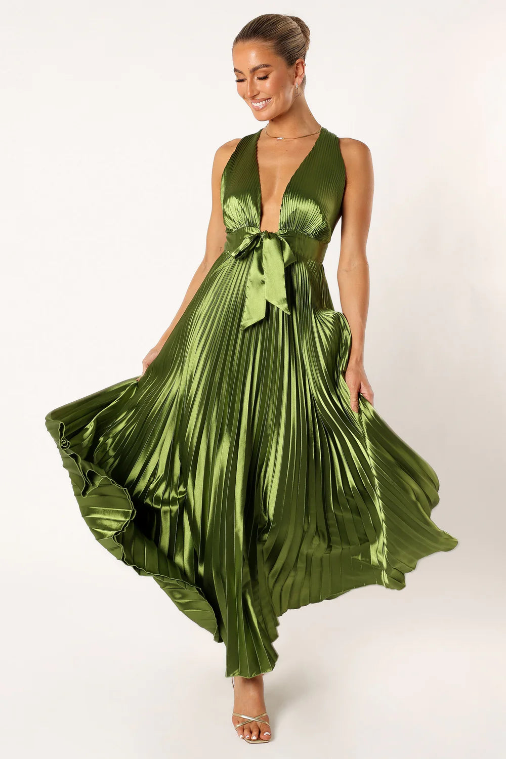 Glamorous Satin A Line Plunge V Neck Criss Cross Back Pleated Waist Bow Maxi Evening Dress