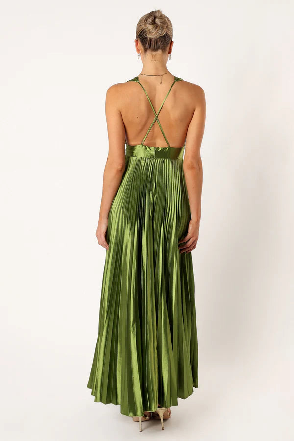 Glamorous Satin A Line Plunge V Neck Criss Cross Back Pleated Waist Bow Maxi Evening Dress