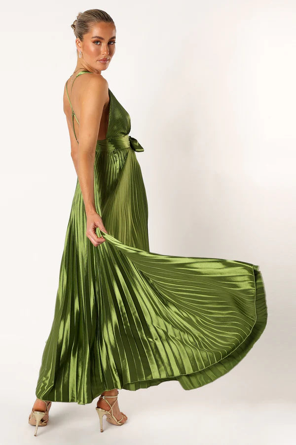 Glamorous Satin A Line Plunge V Neck Criss Cross Back Pleated Waist Bow Maxi Evening Dress