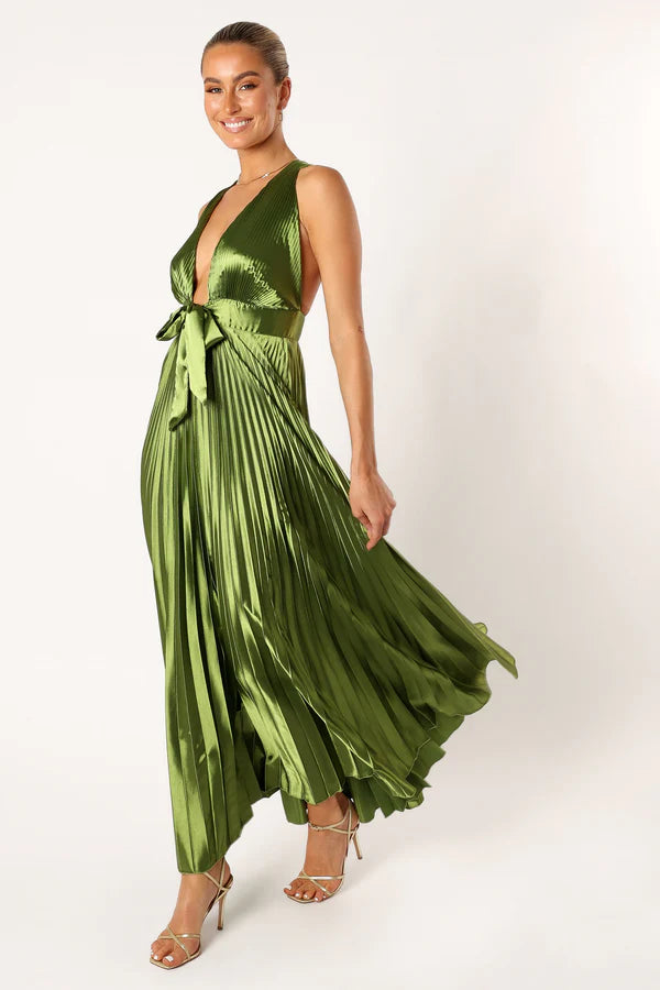 Glamorous Satin A Line Plunge V Neck Criss Cross Back Pleated Waist Bow Maxi Evening Dress