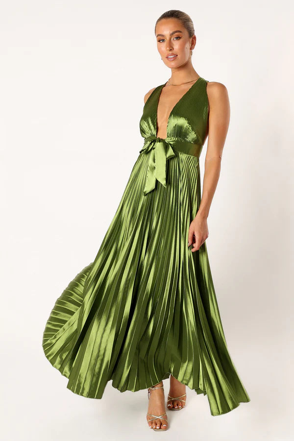 Glamorous Satin A Line Plunge V Neck Criss Cross Back Pleated Waist Bow Maxi Evening Dress