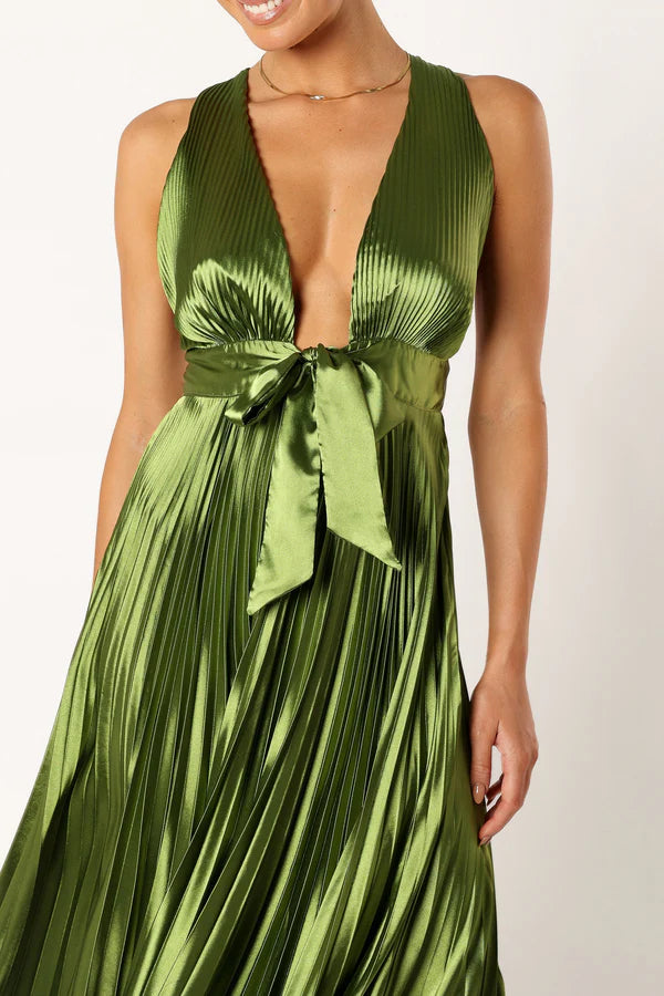 Glamorous Satin A Line Plunge V Neck Criss Cross Back Pleated Waist Bow Maxi Evening Dress