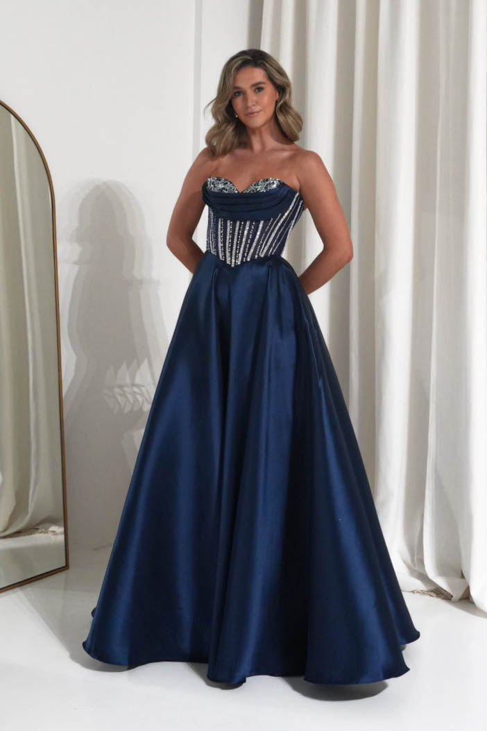 Glamorous Satin Ballgown Strapless Crystal-Lace-Up Back-Zip Prom Dresses