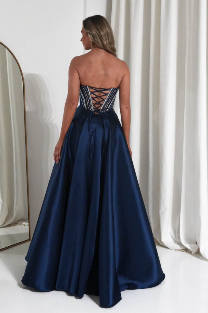 Glamorous Satin Ballgown Strapless Crystal-Lace-Up Back-Zip Prom Dresses