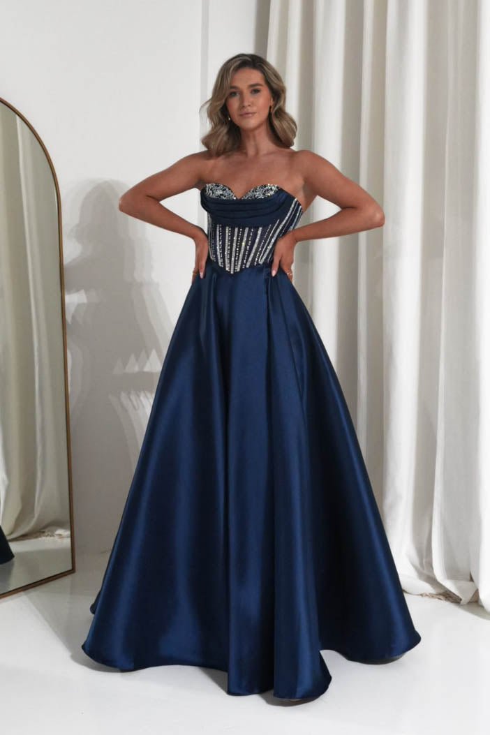 Glamorous Satin Ballgown Strapless Crystal-Lace-Up Back-Zip Prom Dresses