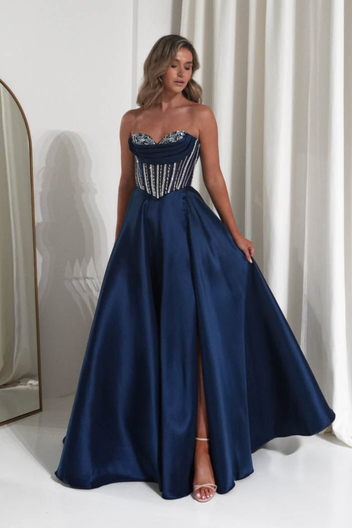 Glamorous Satin Ballgown Strapless Crystal-Lace-Up Back-Zip Prom Dresses