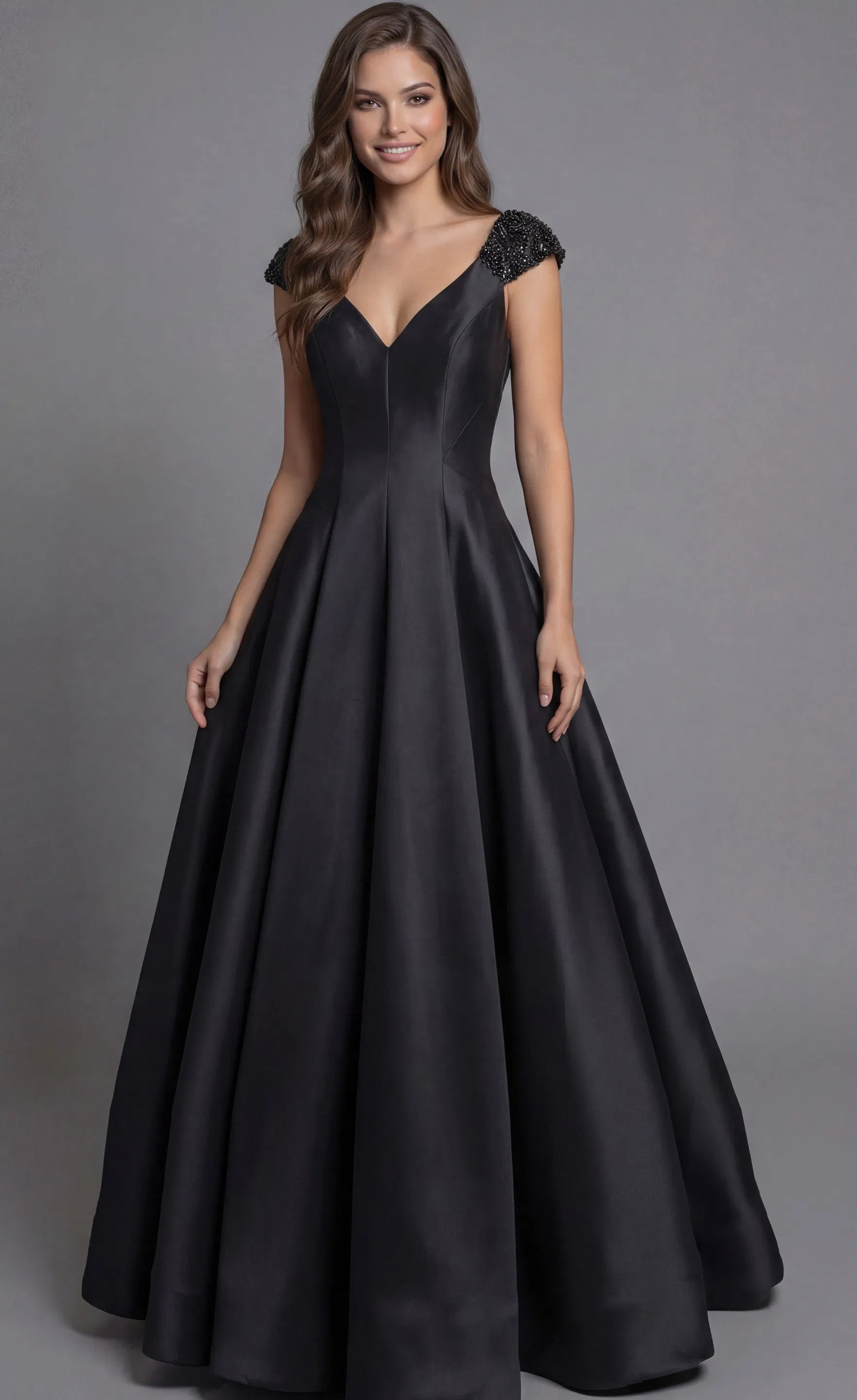 Glamorous Satin Evening Dress with Beaded Cap Sleeves, Deep V-Back and Ball Gown Skirt