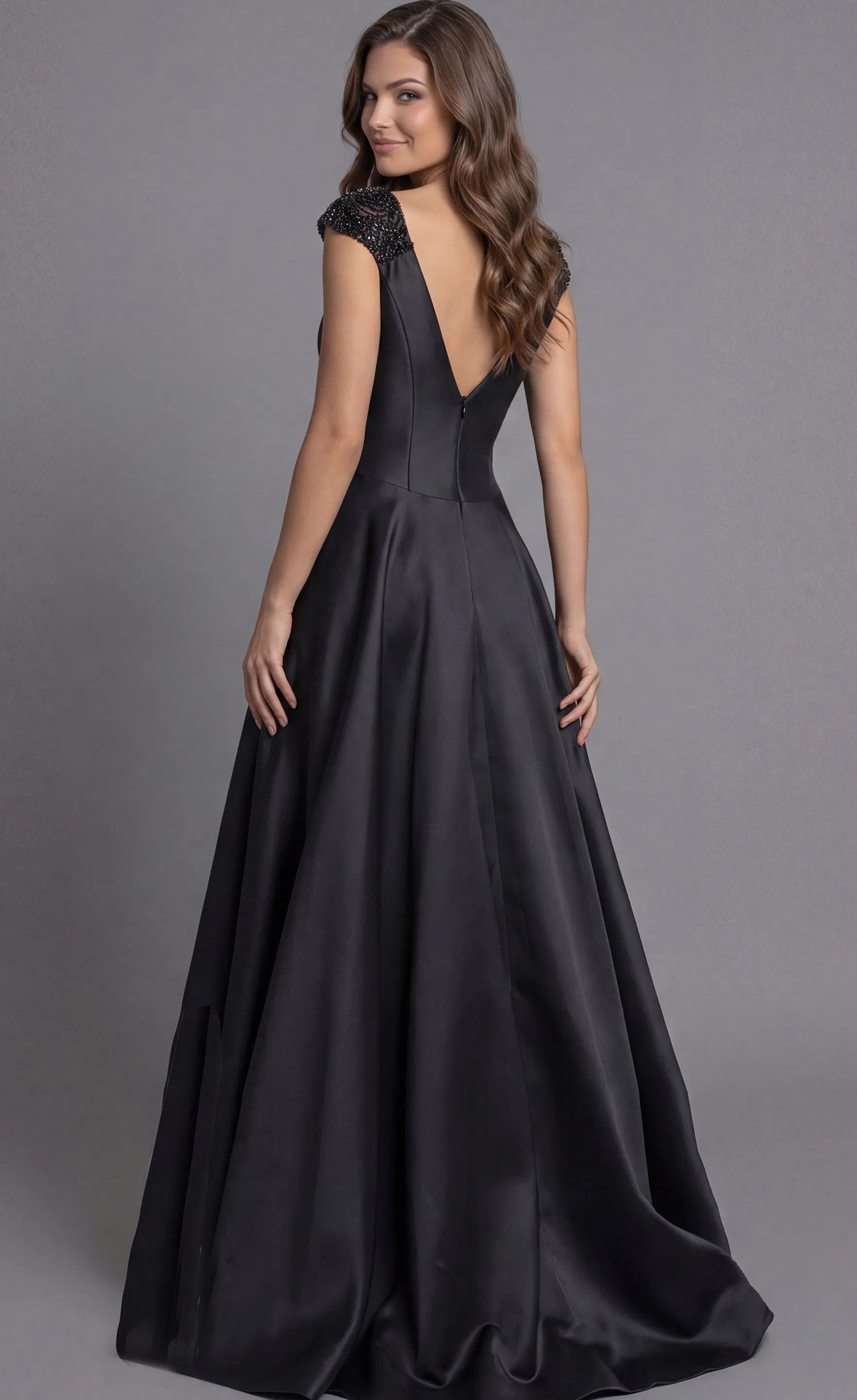 Glamorous Satin Evening Dress with Beaded Cap Sleeves, Deep V-Back and Ball Gown Skirt