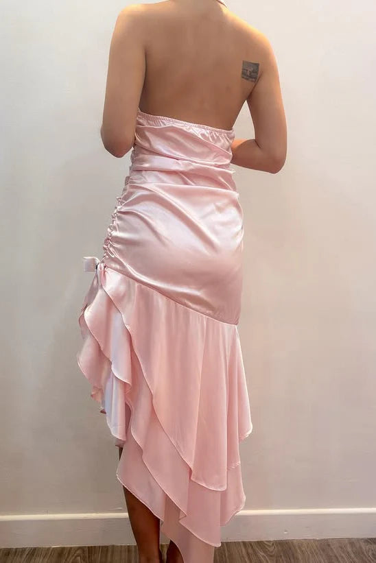 Glamorous Satin Halter Evening Dresses with Ruched Bodice, Asymmetrical Ruffle Hem and Bow Detail Formal Gown