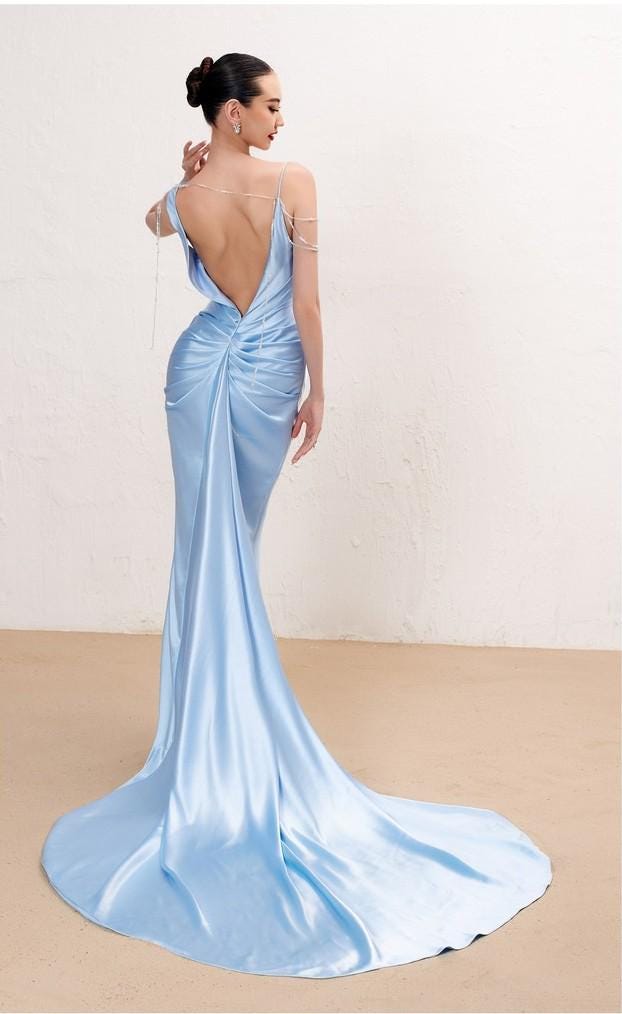 Glamorous Satin Mermaid Cowl Neck Beaded Strap Low Back Train Evening Dress