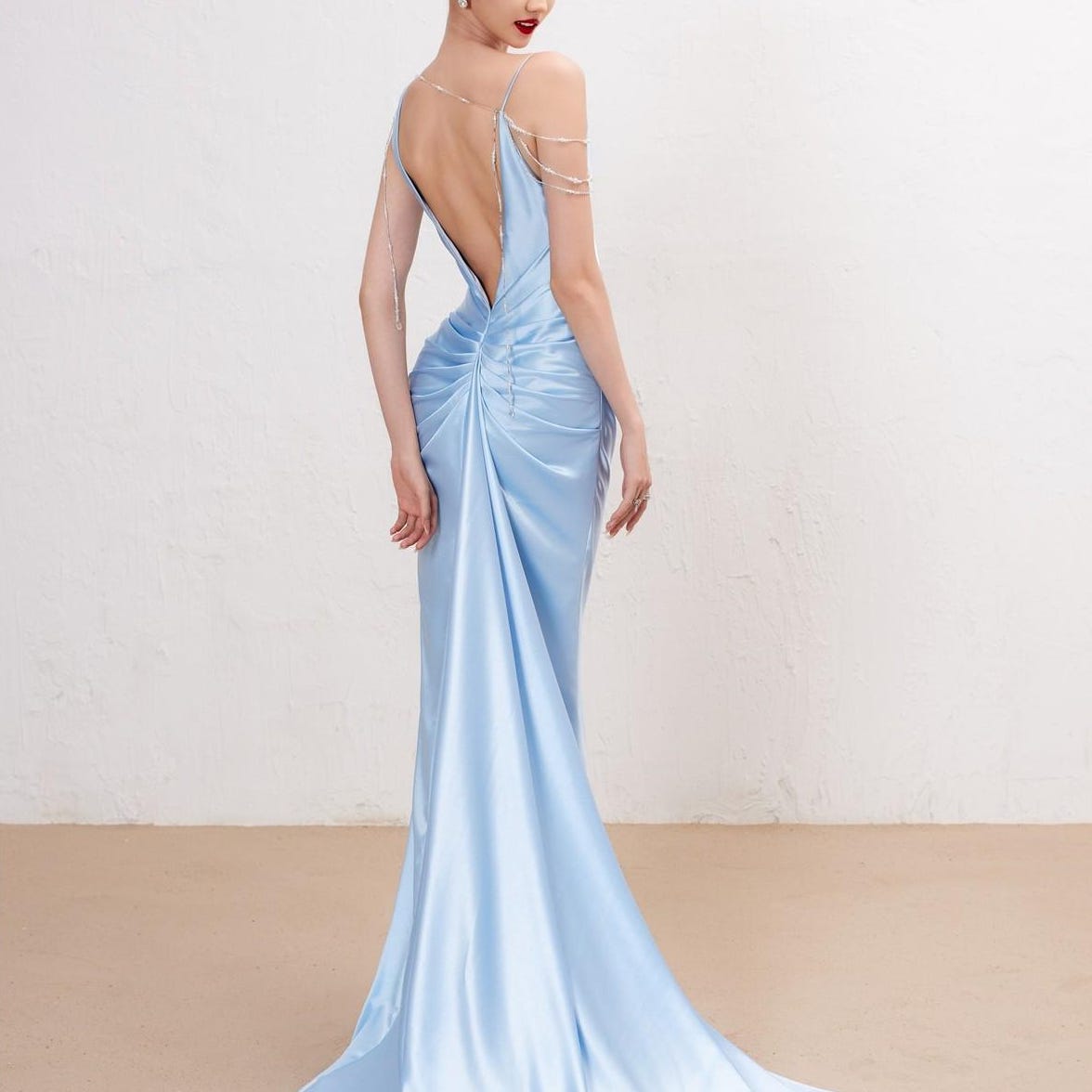 Glamorous Satin Mermaid Cowl Neck Beaded Strap Low Back Train Evening Dress