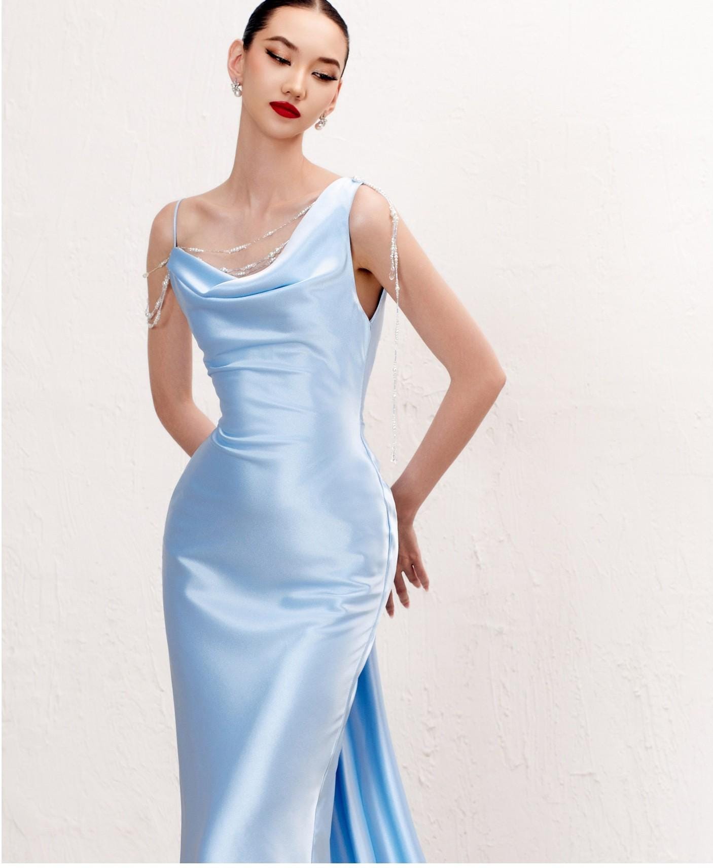 Glamorous Satin Mermaid Cowl Neck Beaded Strap Low Back Train Evening Dress