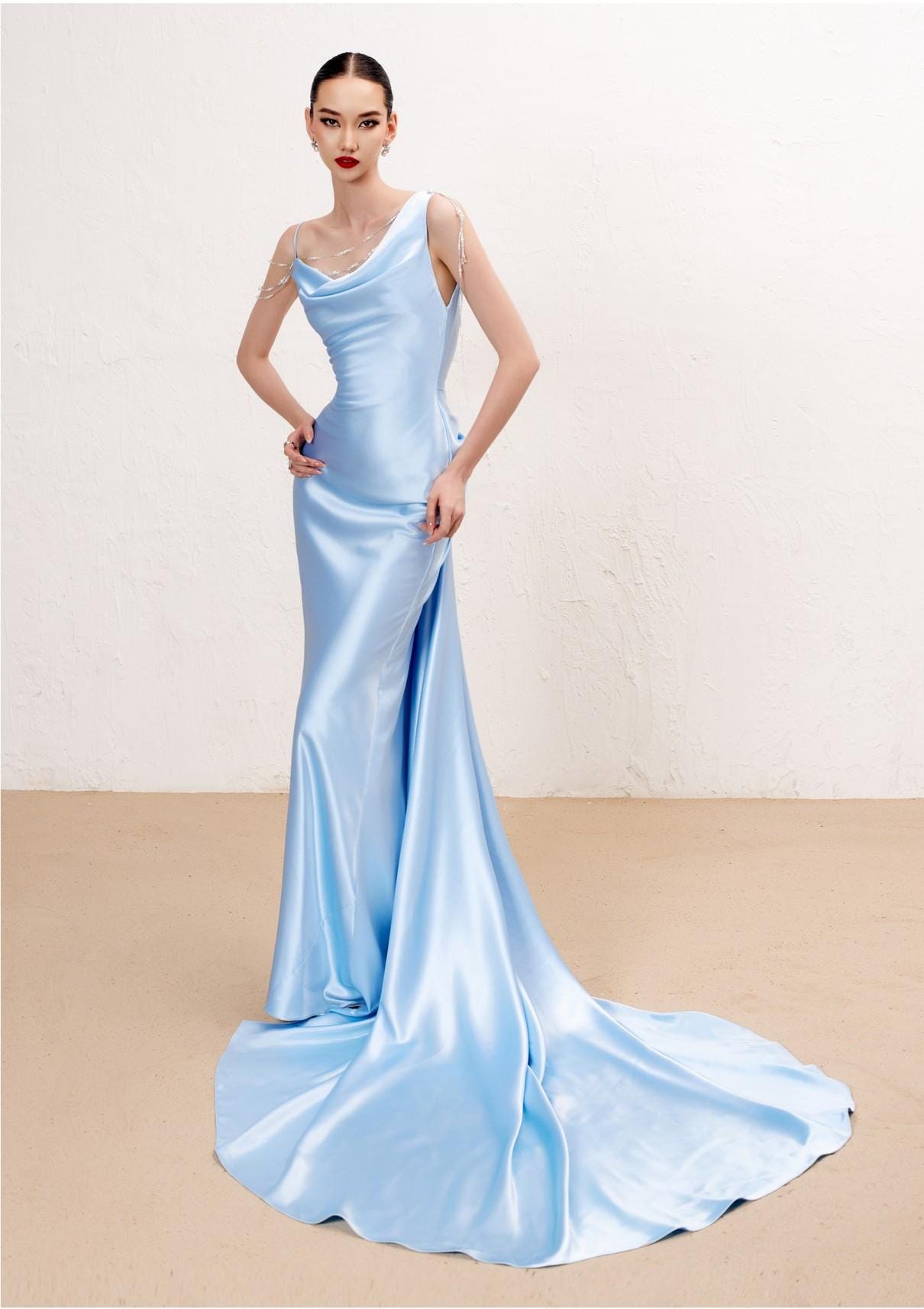 Glamorous Satin Mermaid Cowl Neck Beaded Strap Low Back Train Evening Dress