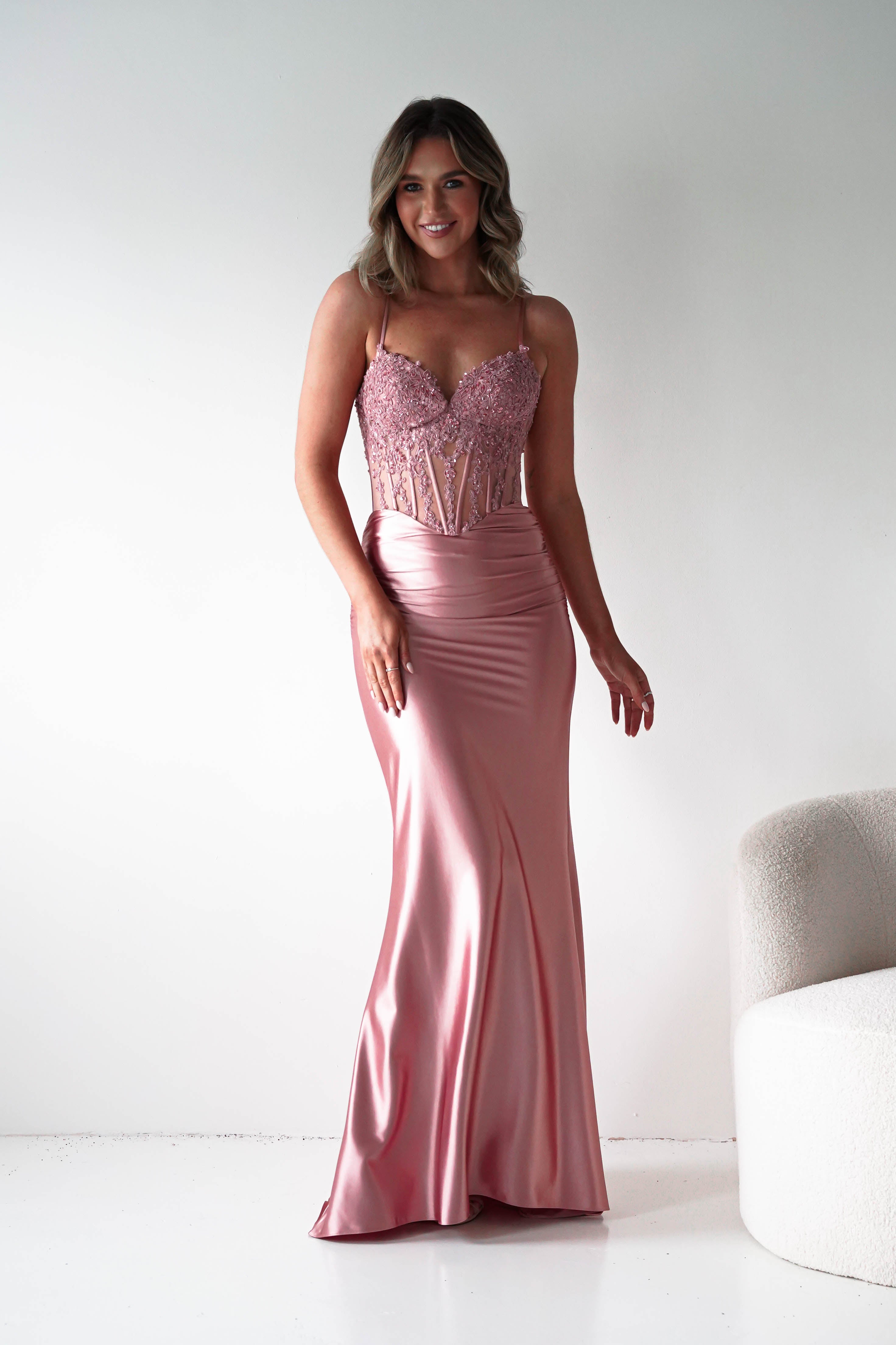 Glamorous Satin Mermaid Spaghetti-Strap Lace-Corset Train Prom Dresses