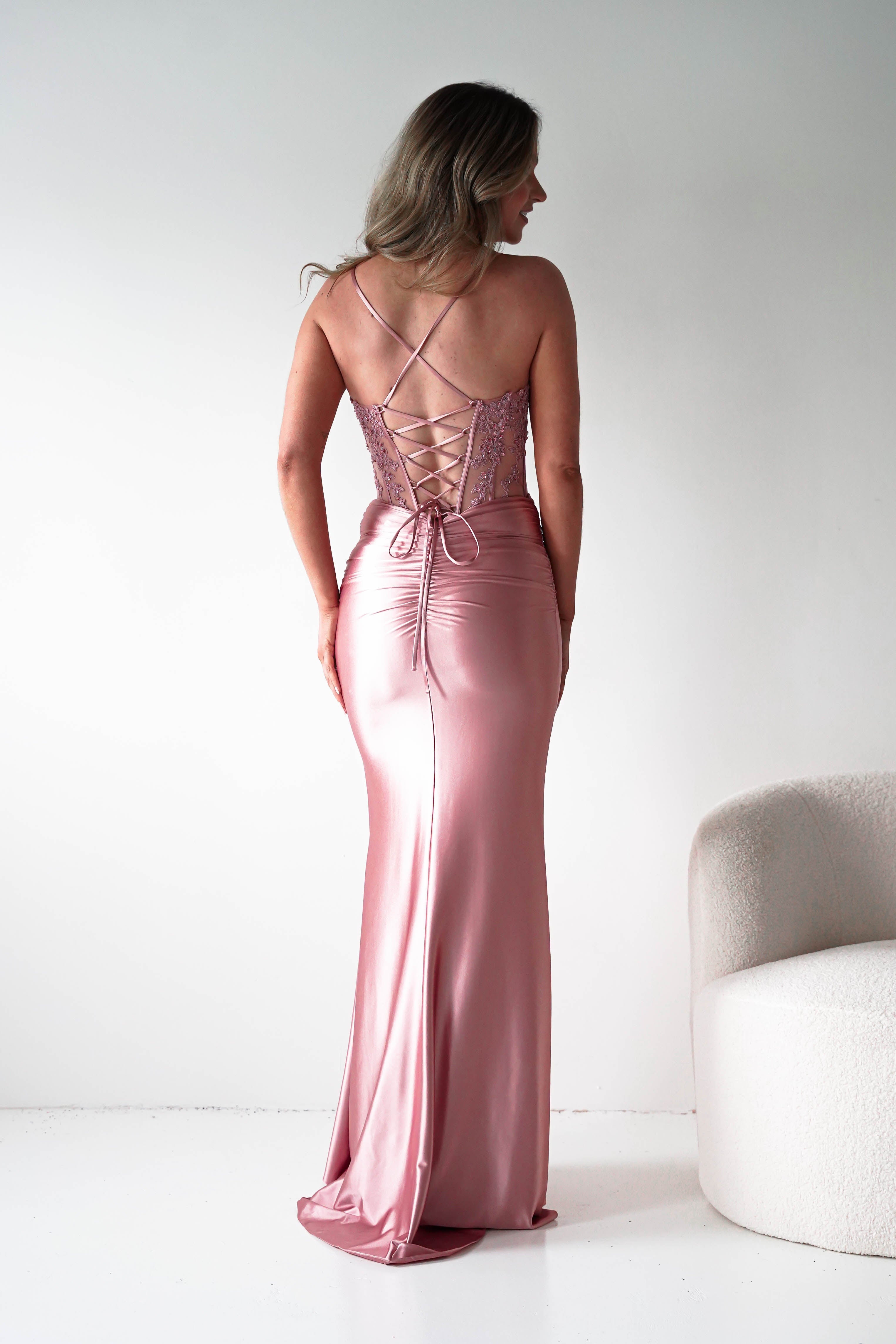 Glamorous Satin Mermaid Spaghetti-Strap Lace-Corset Train Prom Dresses