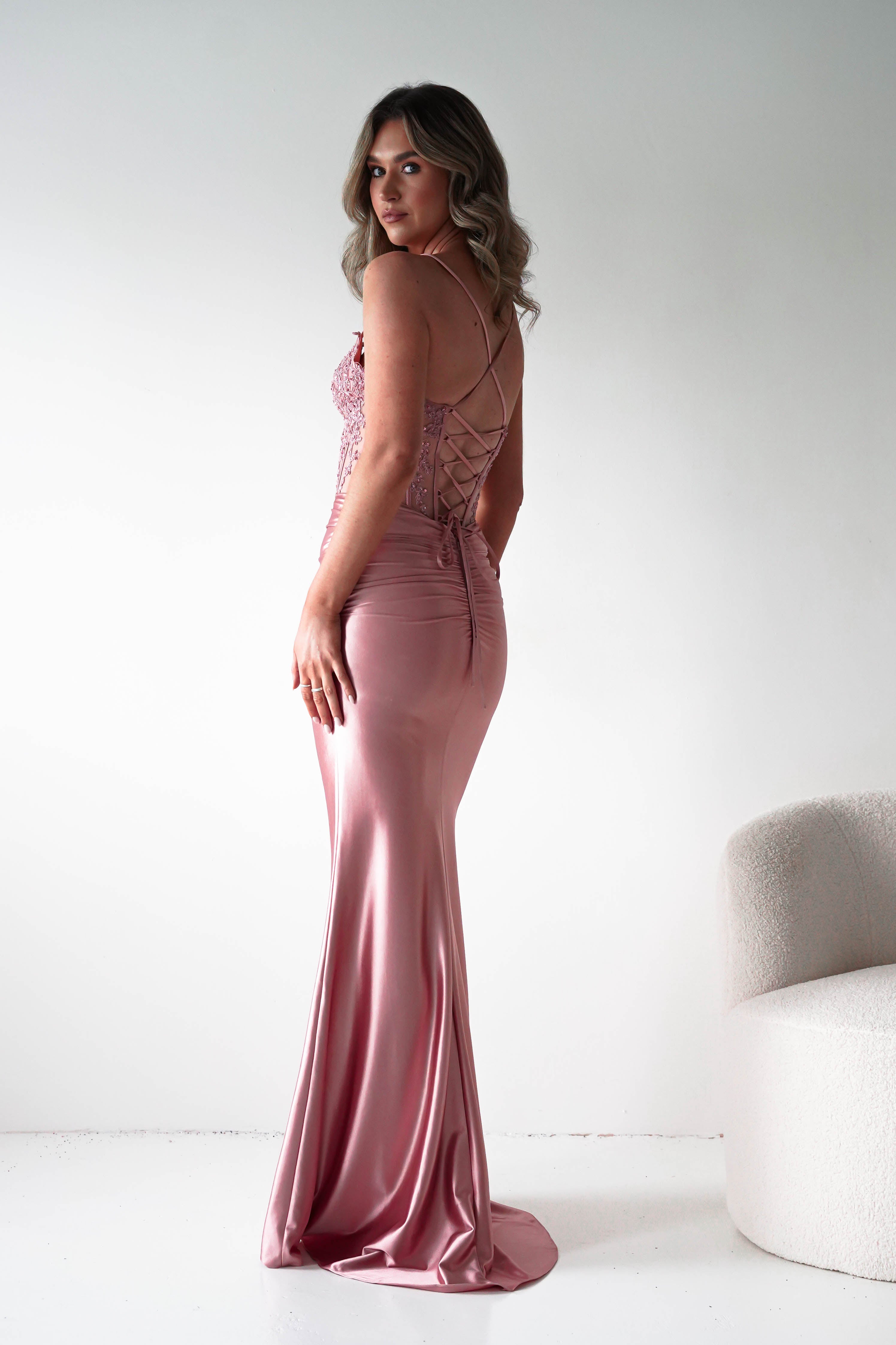 Glamorous Satin Mermaid Spaghetti-Strap Lace-Corset Train Prom Dresses