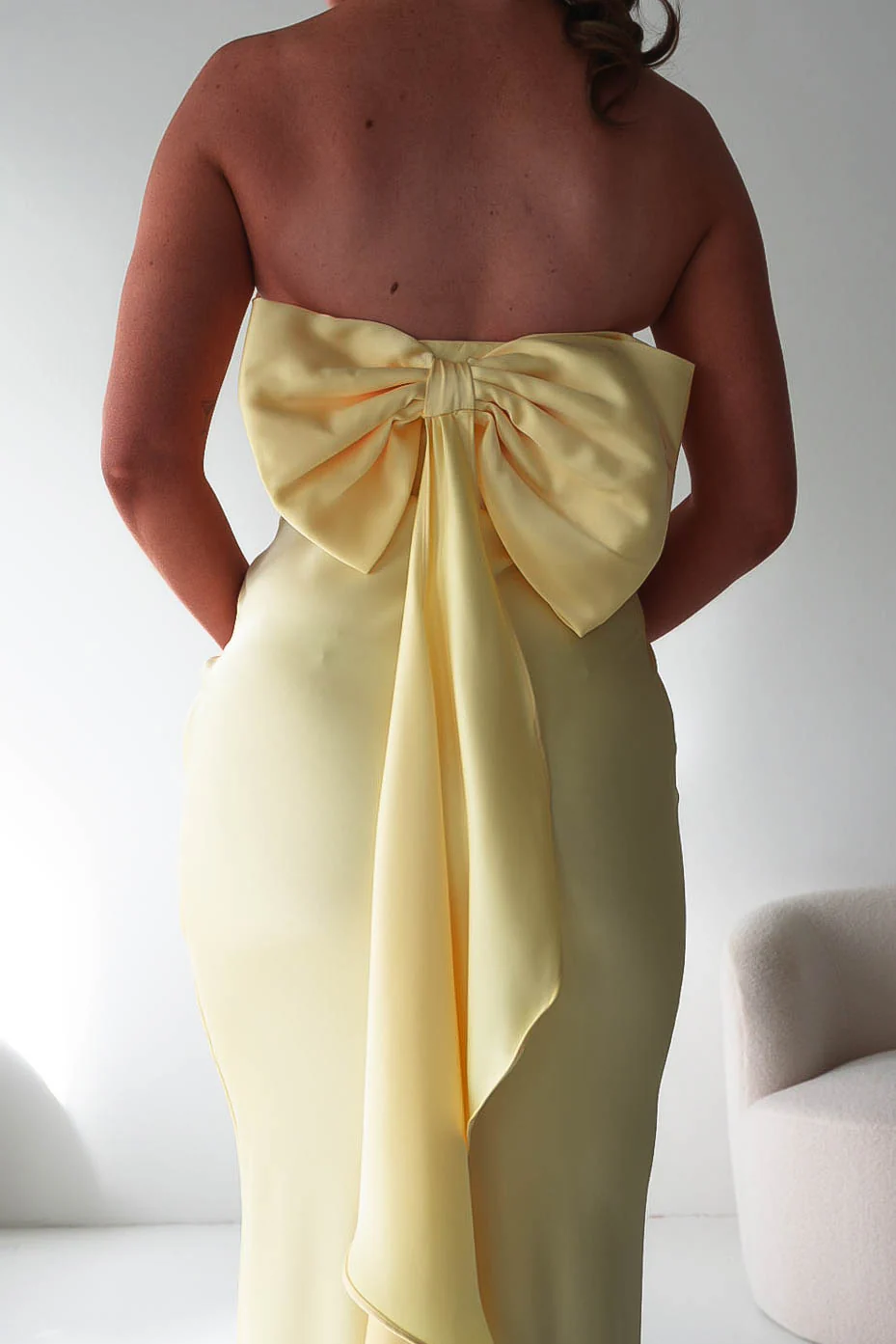 Glamorous Satin Mermaid Strapless Bow-Back Ruffle Prom Dresses