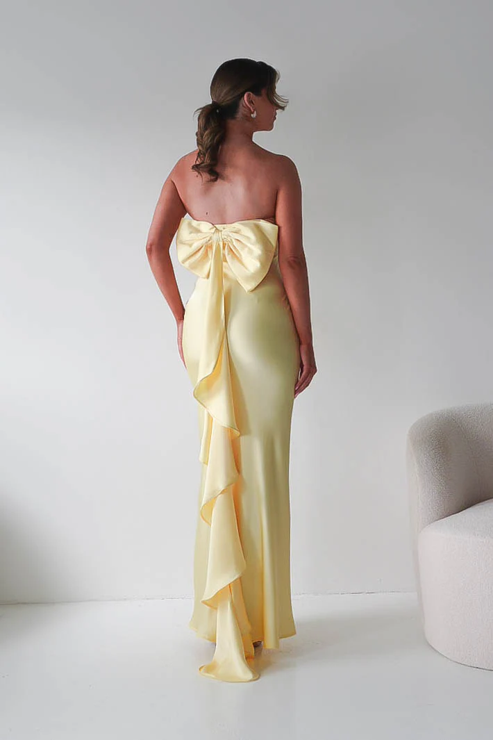 Glamorous Satin Mermaid Strapless Bow-Back Ruffle Prom Dresses