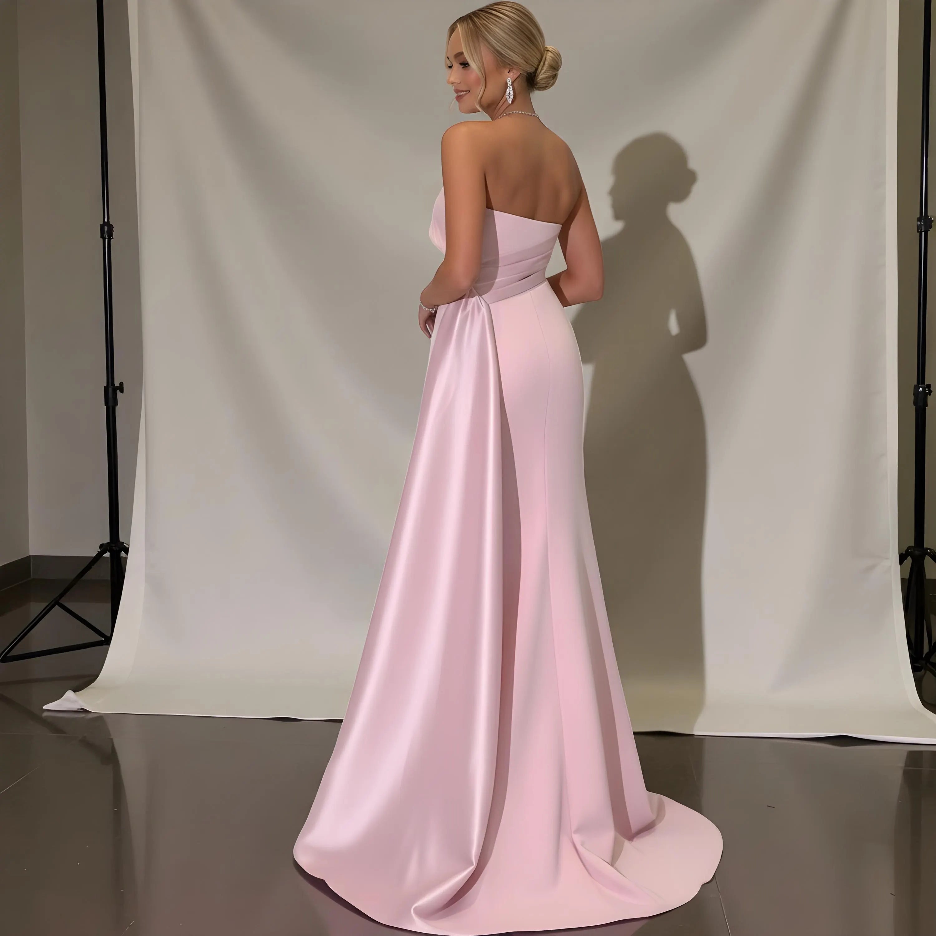Glamorous Satin Mermaid Strapless Sleeveless Draped Side Train Evening Dress