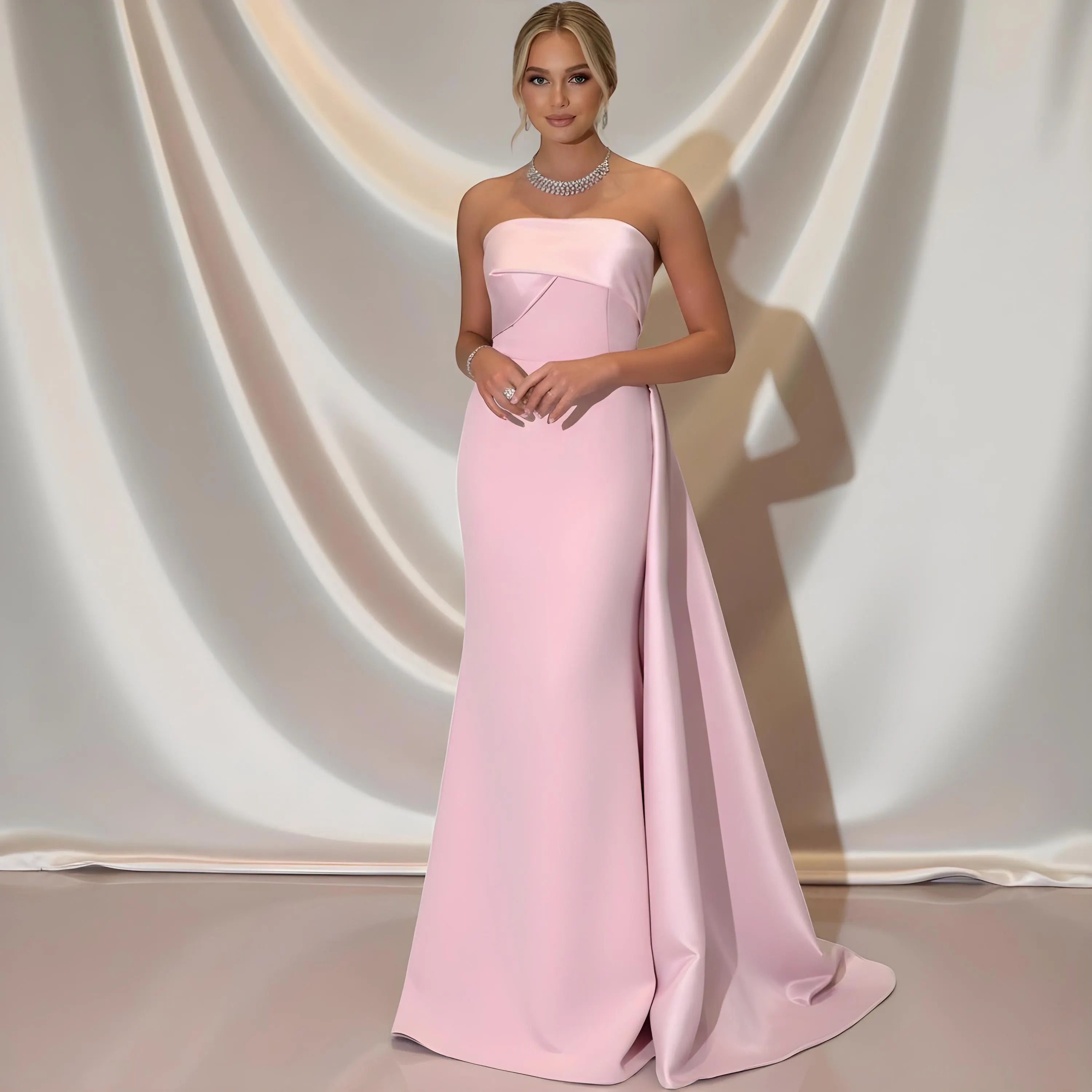 Glamorous Satin Mermaid Strapless Sleeveless Draped Side Train Evening Dress