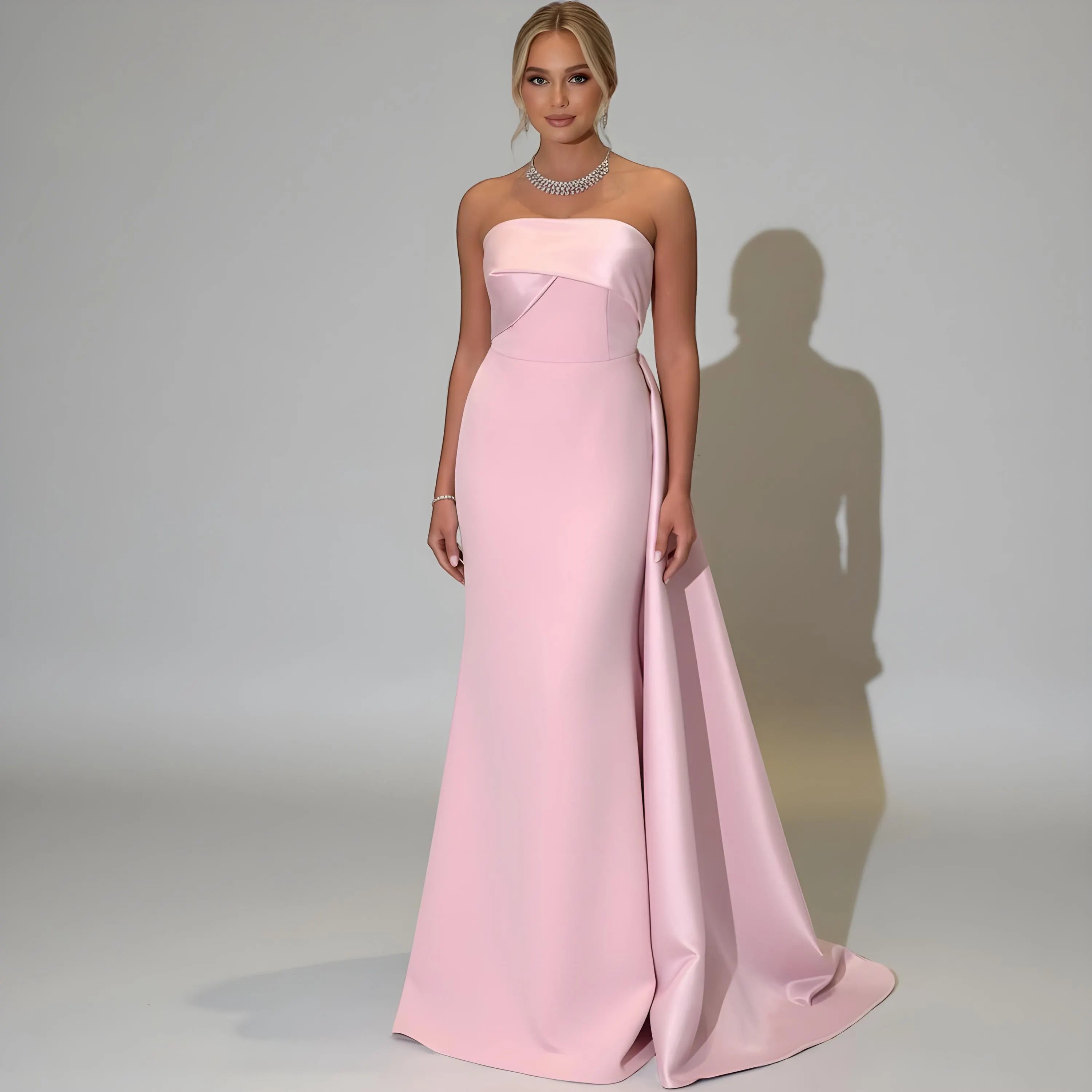 Glamorous Satin Mermaid Strapless Sleeveless Draped Side Train Evening Dress