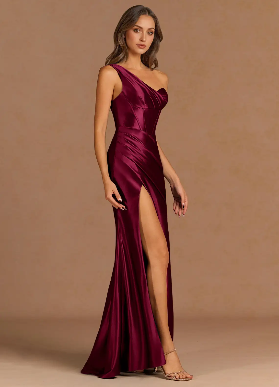 Glamorous Satin One-Shoulder Corset Bodice Draped High-Slit Floor-Length Evening Dress