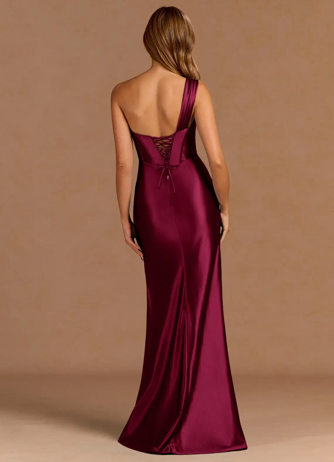 Glamorous Satin One-Shoulder Corset Bodice Draped High-Slit Floor-Length Evening Dress