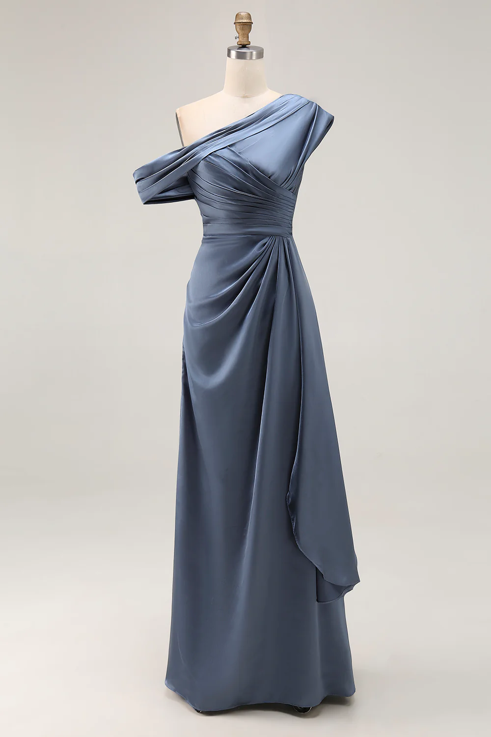 Glamorous Satin One-Shoulder Draped Bodice High-Slit Floor-Length Mother of the Bride Dress