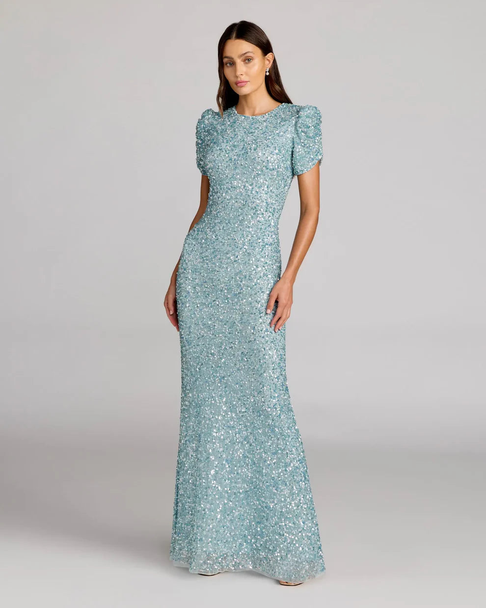Glamorous Sequin Mermaid Gown Round Neck Puffed Short Sleeves Zipper Back Floor-Length Evening Dresses