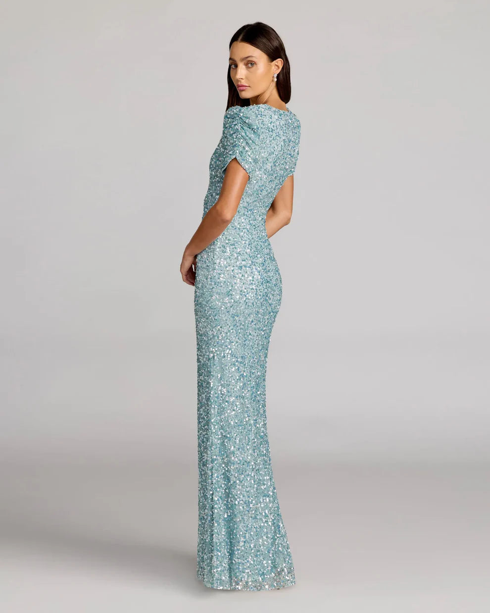 Glamorous Sequin Mermaid Gown Round Neck Puffed Short Sleeves Zipper Back Floor-Length Evening Dresses