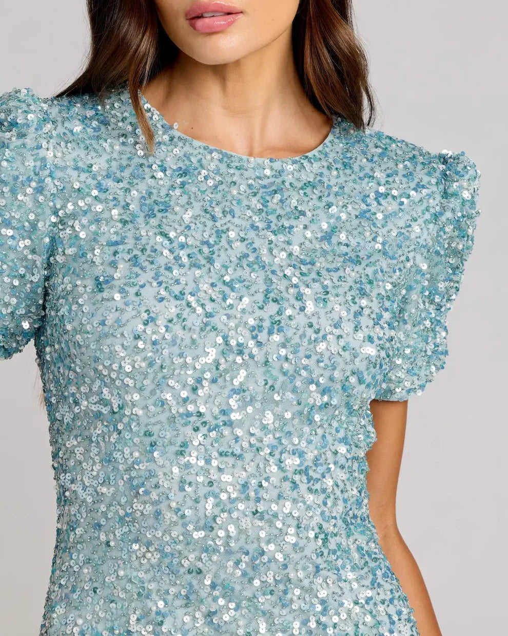 Glamorous Sequin Mermaid Gown Round Neck Puffed Short Sleeves Zipper Back Floor-Length Evening Dresses