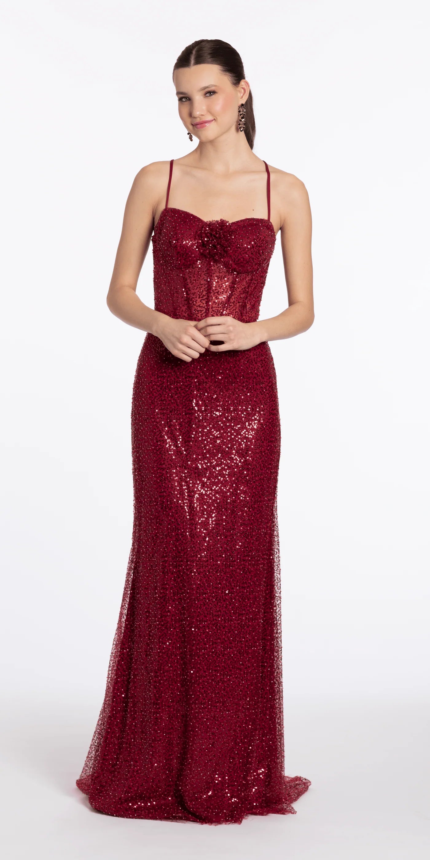 Glamorous Sequin Mermaid Silhouette Sweetheart Neck Spaghetti Strap Floor-Length Prom Dress with Lace-Up Back and Floral Applique for Formal Events