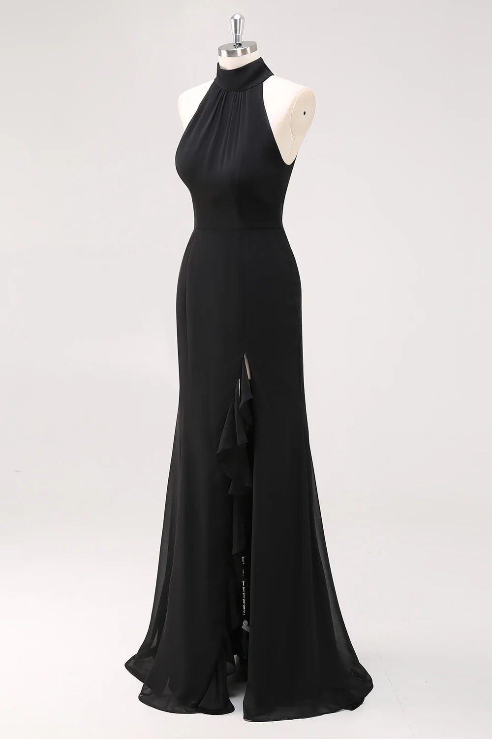 Glamorous Sexy Mermaid Halter High Neck Sleeveless Open Back Ruffled Side Slit Floor-Length Chiffon Evening Dress