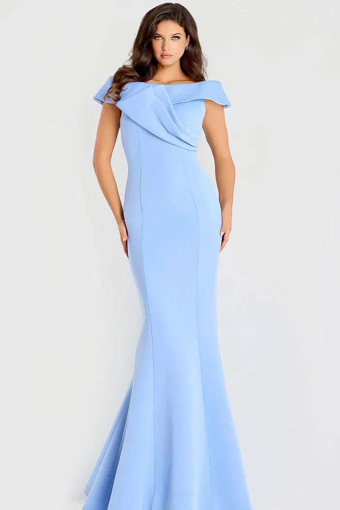 Glamorous Sky Blue Evening Gown with Off-the-Shoulder Neck, Draped Detail and Mermaid Silhouette