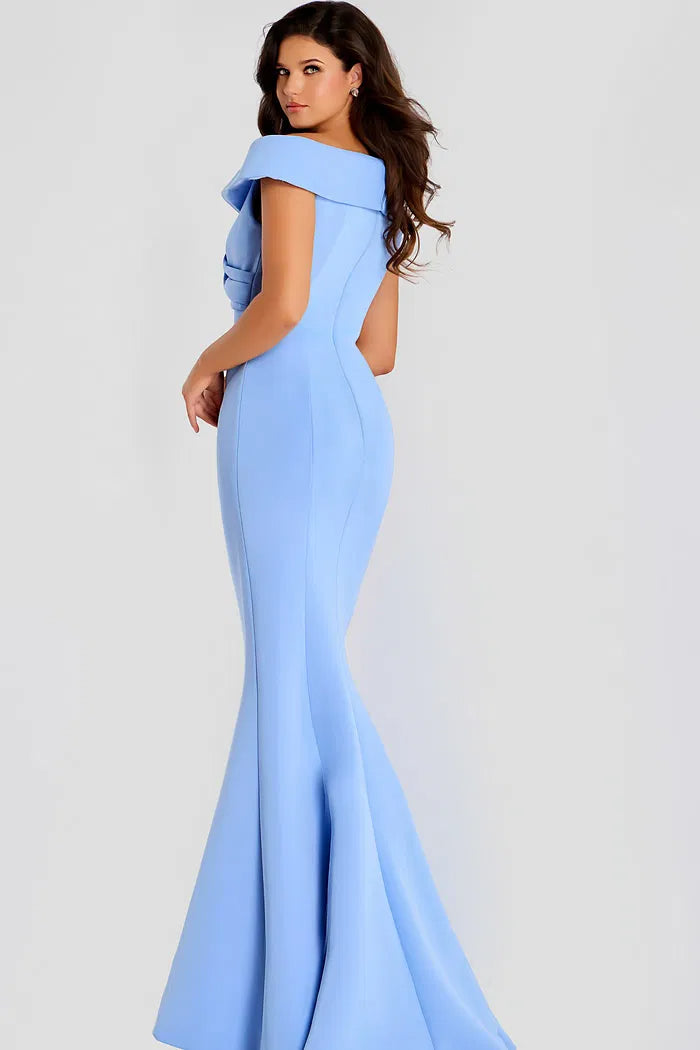 Glamorous Sky Blue Evening Gown with Off-the-Shoulder Neck, Draped Detail and Mermaid Silhouette