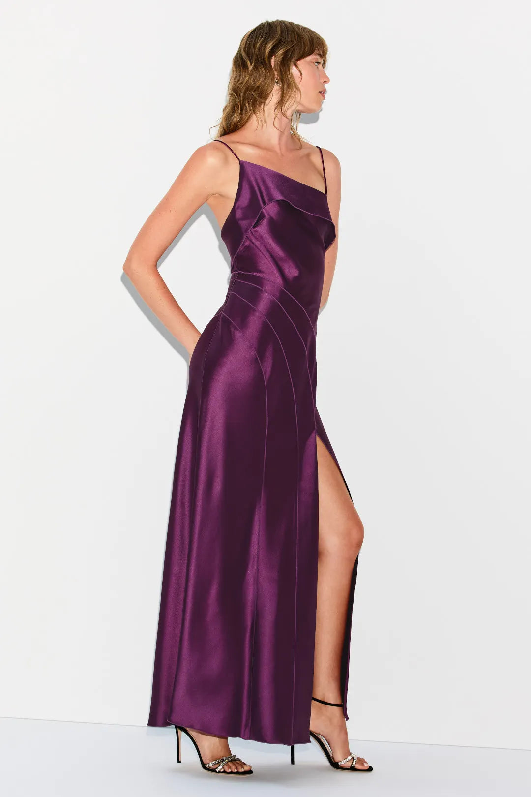 Glamorous Solid Satin Column Maxi Square Neck Draped Cowl Spaghetti Strap Curved Seam Open Back Invisible Zipper Floor-Length Evening Dresses