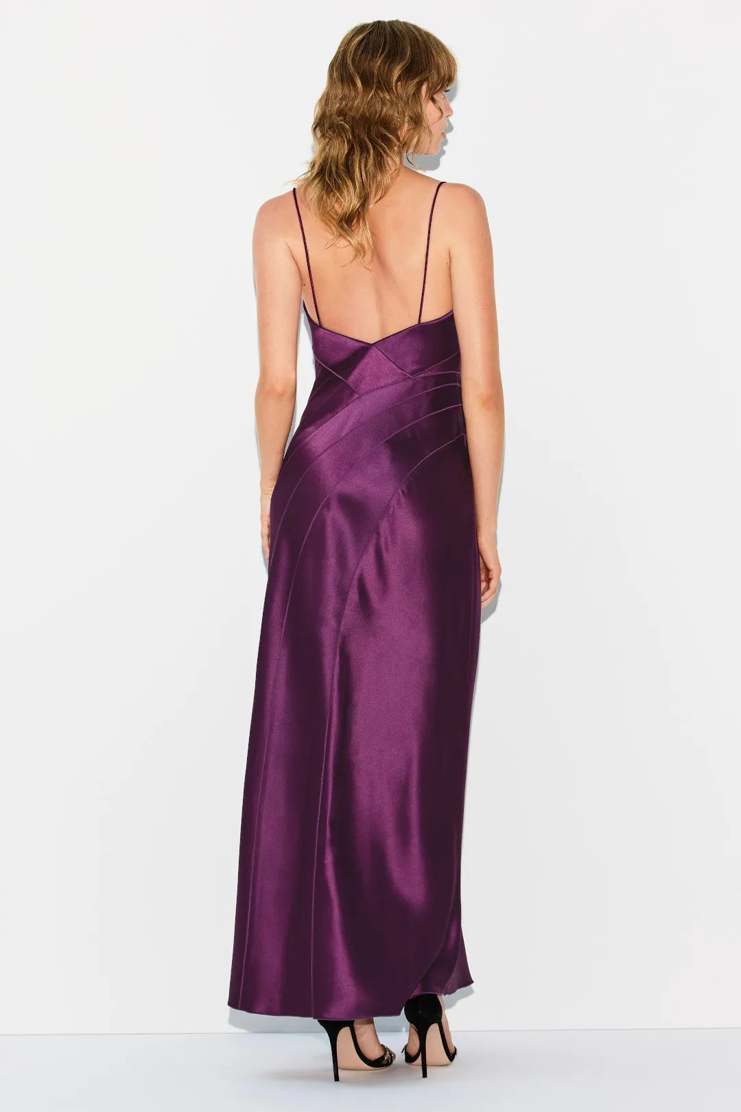 Glamorous Solid Satin Column Maxi Square Neck Draped Cowl Spaghetti Strap Curved Seam Open Back Invisible Zipper Floor-Length Evening Dresses