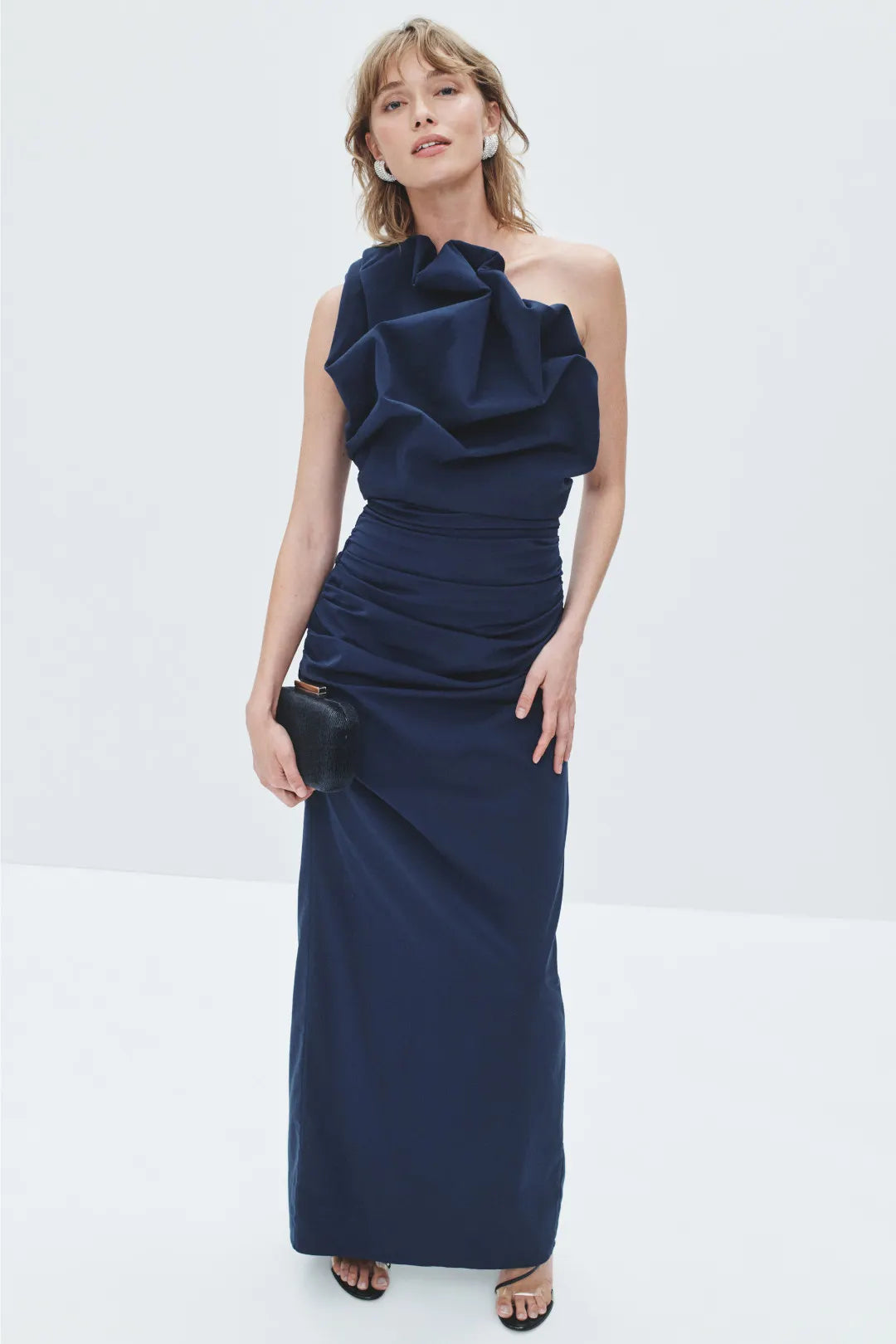 Glamorous Solid Satin Maxi One-Shoulder Ruffle Ruched Evening Dresses